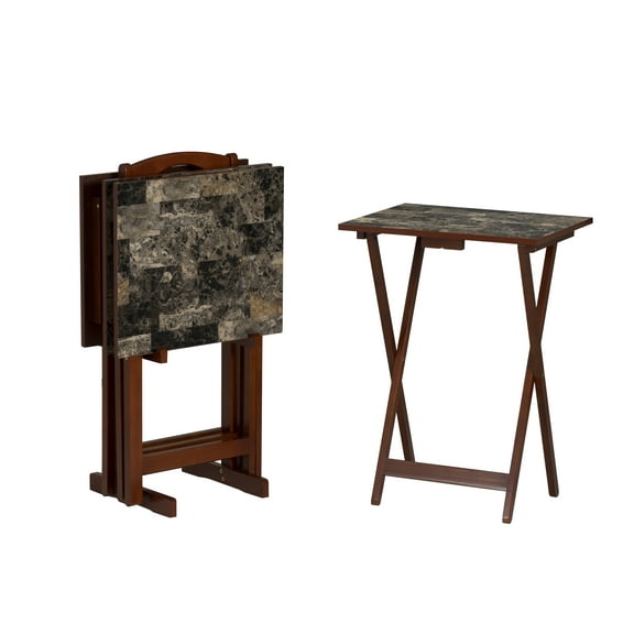 Linon Wood Five Piece Folding Tray Table Set with Stand in Brown Faux Marble