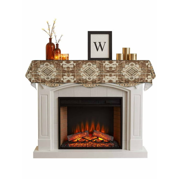 Brown Boho Fireplace Mantle Scarf, Retro Western Rustic Ethnic Tribal Patterns Mantel Cover Table Runner for Home Living Room Door Window, Indoor Outdoor Holiday Party Decor 17" x 60"