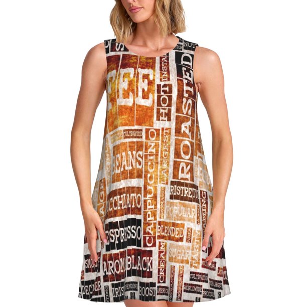 Disketp Hand Drawn Vintage Coffee para Vestido sin Mangas para Mujeres, Vestidos de Verano para Mujeres, Casual y Holgado para la Playa