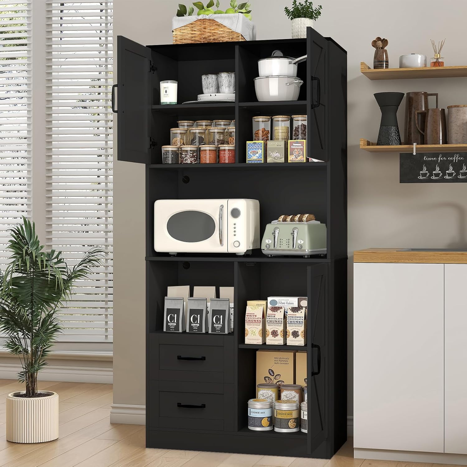 Winkalon 68'' Kitchen Pantry Hutch with Charging Station and LED Light, Buffet Storage Cabinet with Adjustable Shelves, Black