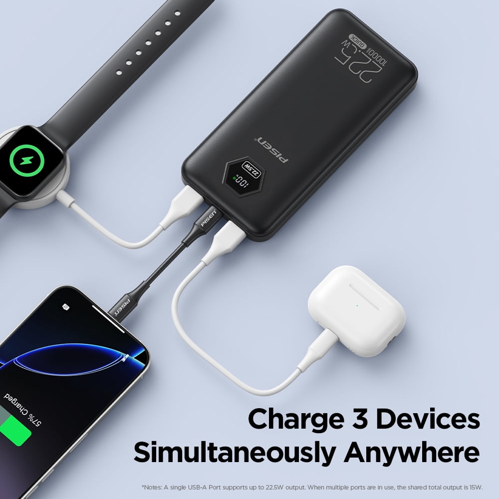 PISEN 10000mAh 3C Power Bank, 22.5W CCC Certified Power Bank, Travel Battery Pack 3C Portable Charger, Supports PD 3.0, QC 3.0, LED Display Travel Portable Charger for iPhone, Samsung and More