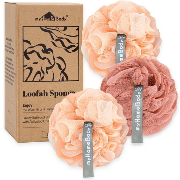 myHomeBody 60g Loofah Sponge, Shower Scrubbie, Mens Loufa Sponge, Bath Scrubber, Loofah Body Scrubber for Women, Bath Loofah Exfoliating - 2 Peach   1 Coral Red, 3 Pack