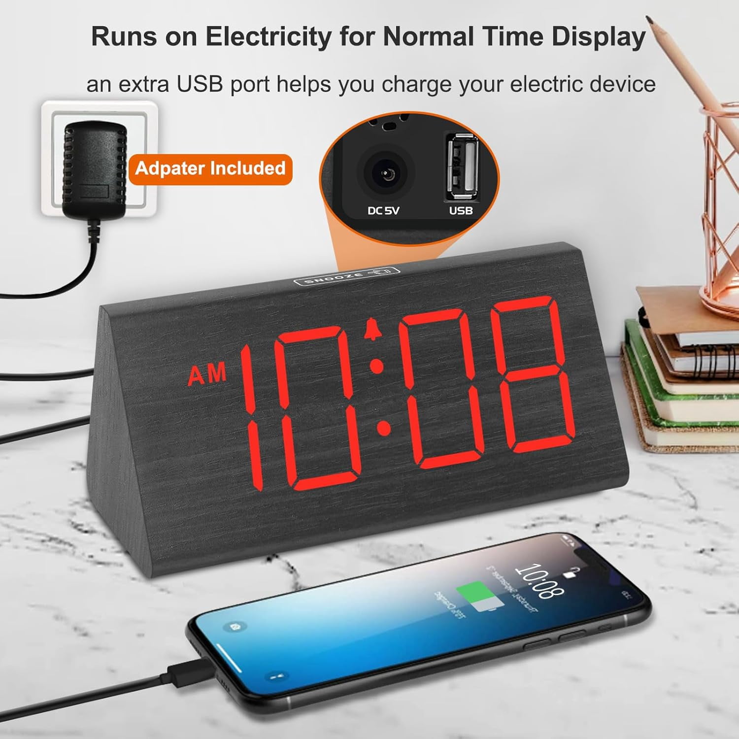 DreamSky Wooden Digital Alarm Clocks for Bedrooms - Electric Desk Clock with Large Numbers, USB Port, Loud Alarm for Heavy Sleepers, Adjustable Volume, Dimmer, DST, Wood Décor Gifts, Adapter Powered