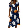 thumbnail image 4 of Womens Halloween Dress Bat Short Sleeve Pumpkin Funny Wedding Guest Dress Witch Hat V Neck Casual Wrap Dresses 3XL, 4 of 5