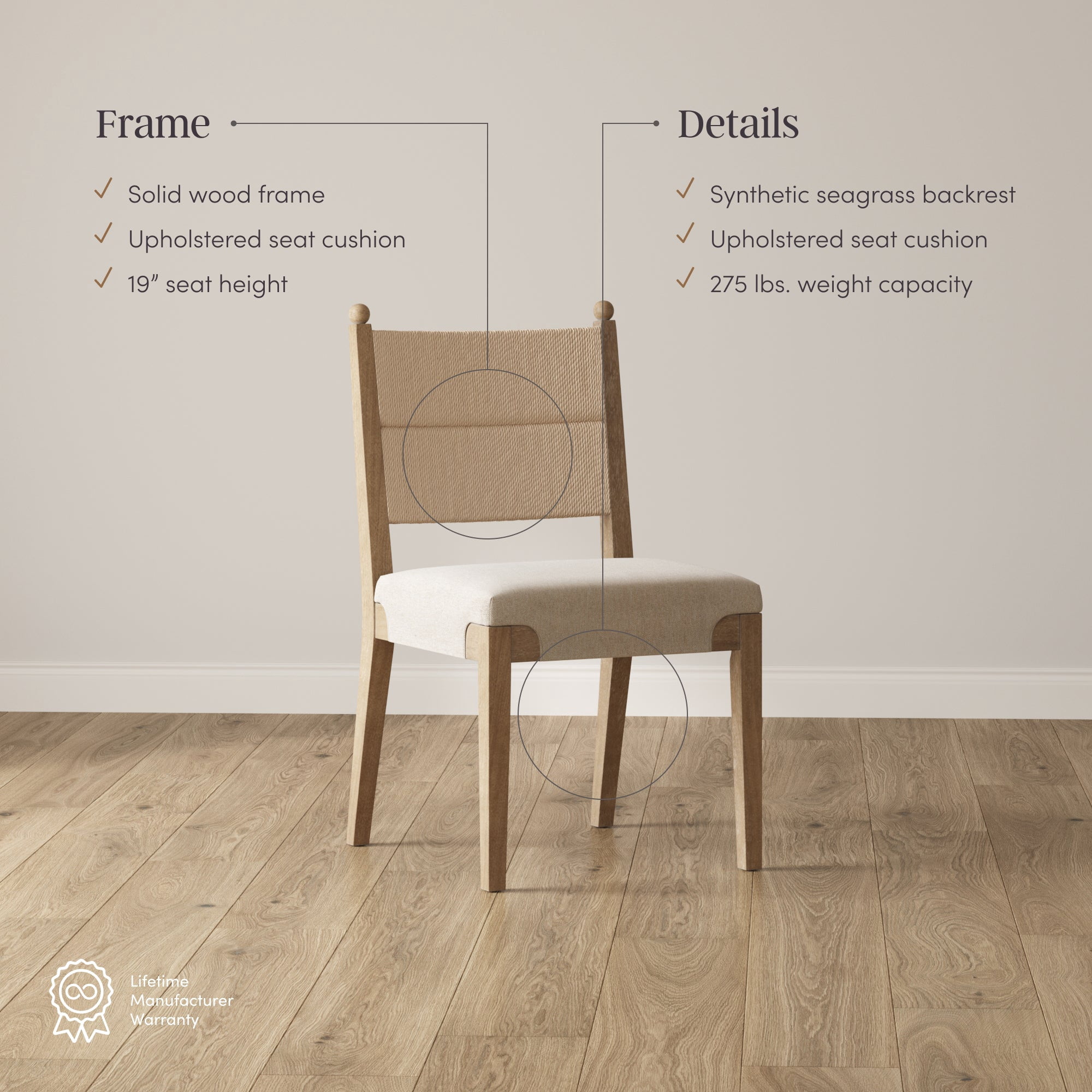 Nathan James Cove Boho Solid Wood Dining Chair with Woven Seagrass Back and Upholstered Seat, Flax/Light Brown