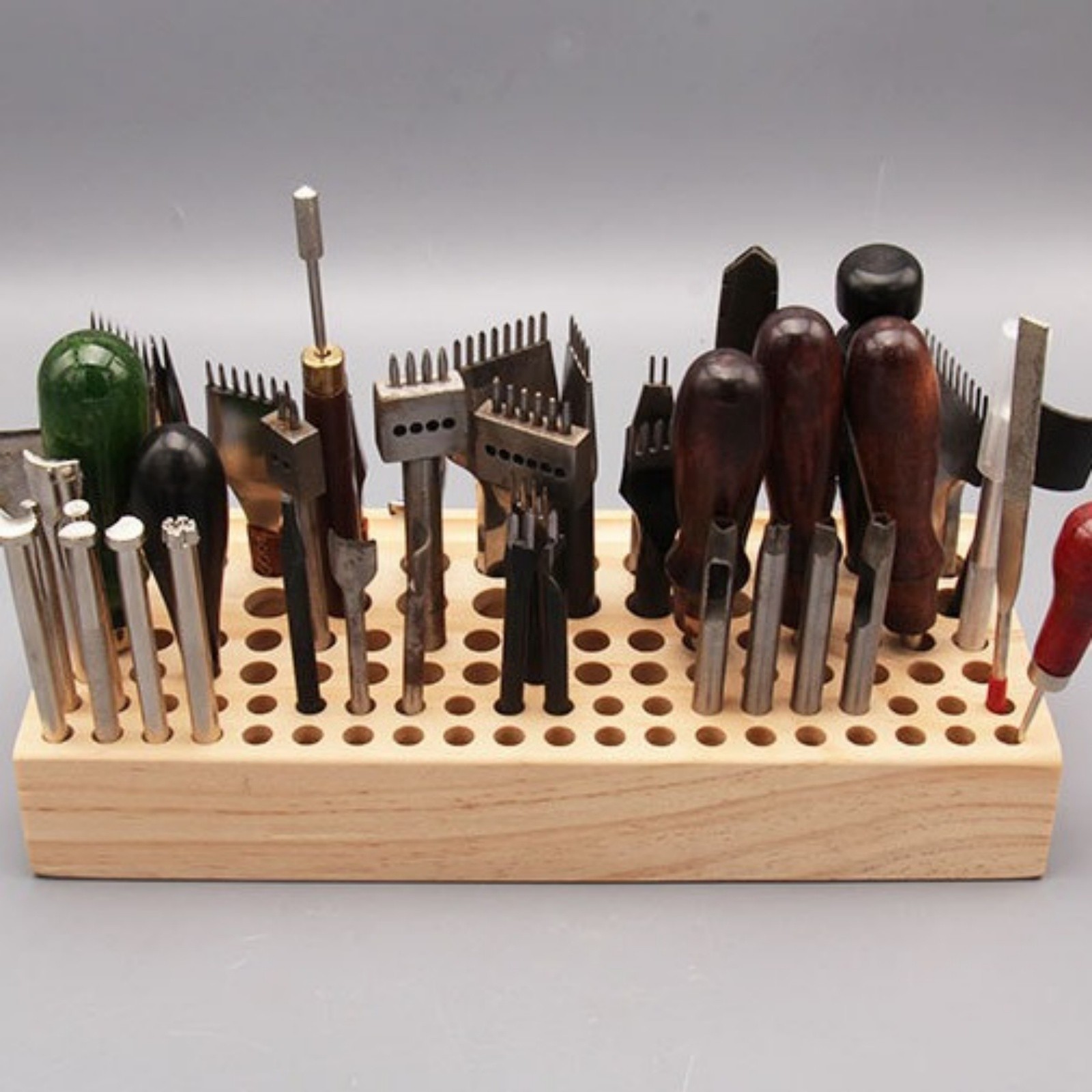 46 / 98-Hole Pine Wood Leather Tool Holder Rack – Wooden Stamp & Punch Organizer Stand for Leathercraft, Chisels, Awls, and DIY Workshops