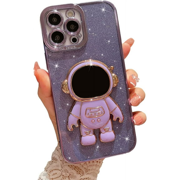 Compatible for iPhone 12 Pro Max 6.7 Inch Bling Plating Astronaut Hidden Stand Case, Cute 6D Stand Glitter Phone Case for Women Girls Soft TPU Shockproof Back Cover - Purple