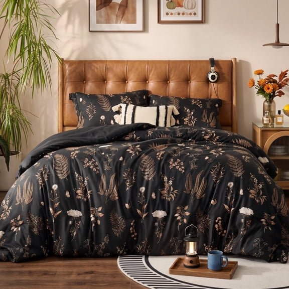 U by Bedsure Cute Black Comforter Set 3 Pieces Queen Size Floral Comforter Sets, Boho Bedding for All Seasons, Soft Breathable Reversible Botanical Flowers Comforter with 2 Pillow Shams