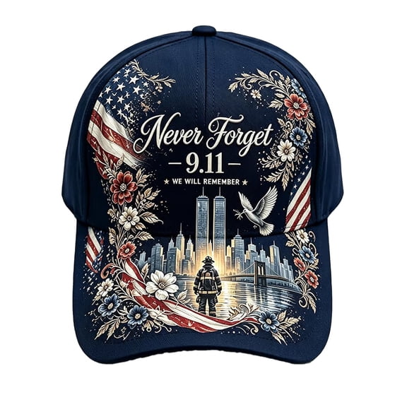 JULMCOMO 9.11 Memorial Baseball Cap Never Forget Floral Firefighter Print Adjustable Graphic Hat Patriotic American Flag Hat for Unisex Navy