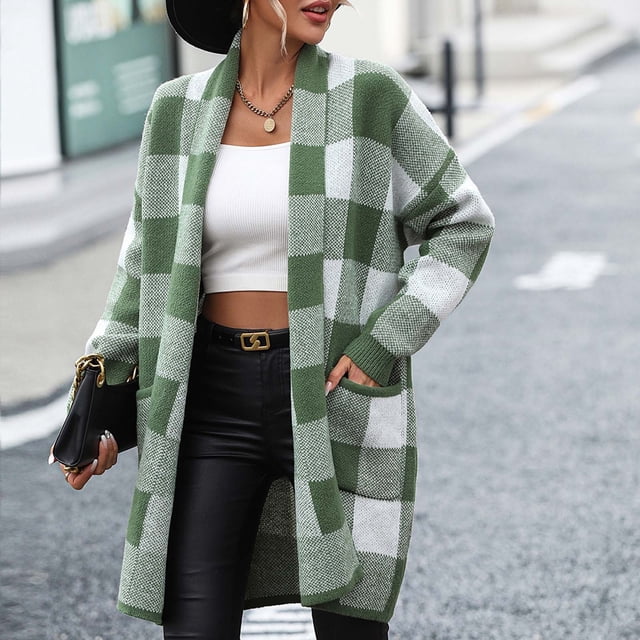 LOVZFMLL Vestes pour Femmes, Cardigan Tricoté à Carreaux Ample, Chandail Décontracté à la Mode et Confortable