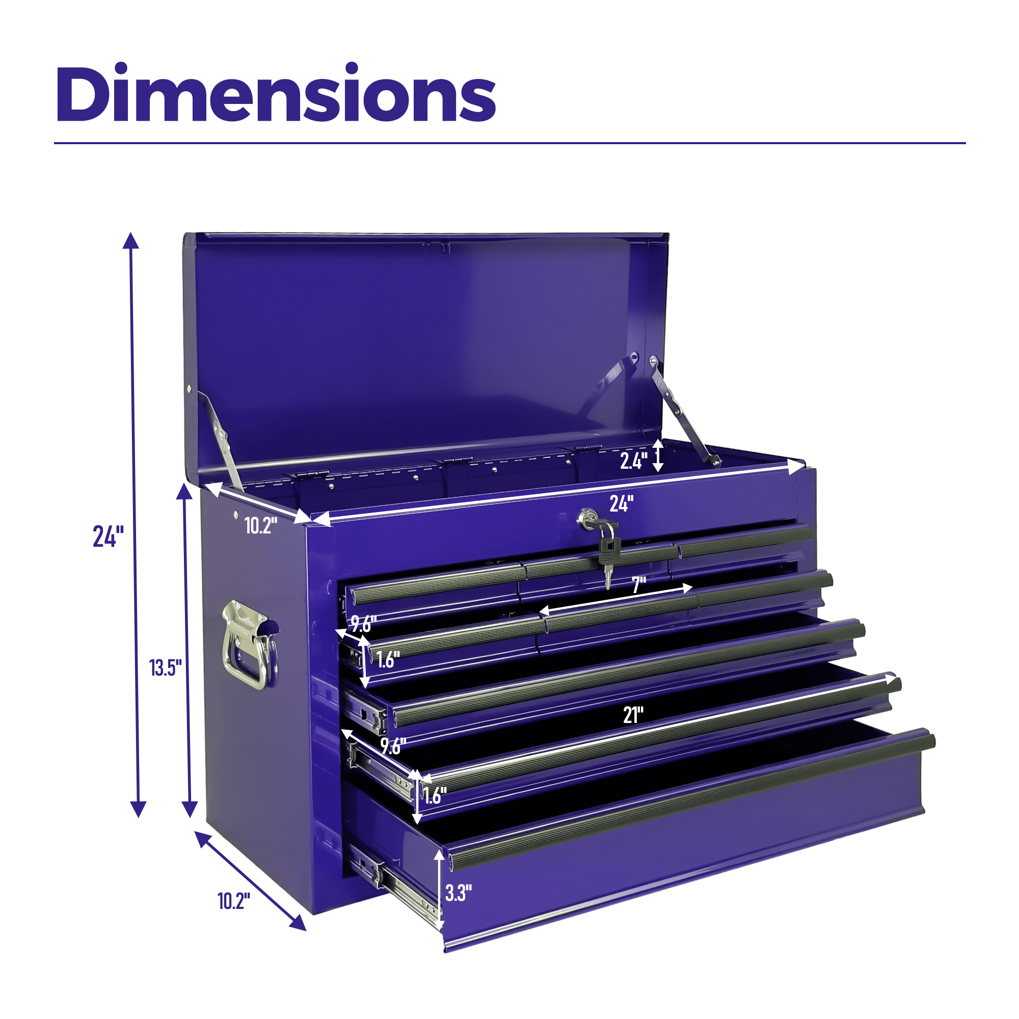 Heavy Duty Metal Tool Box,24 Inch Portable Tool Chest with 9 Drawers, Ball Bearing Slide Drawers with Auto-Locking System, Lockable Top Box Tool Organizer for Garage, Workshop, Truck,Purple