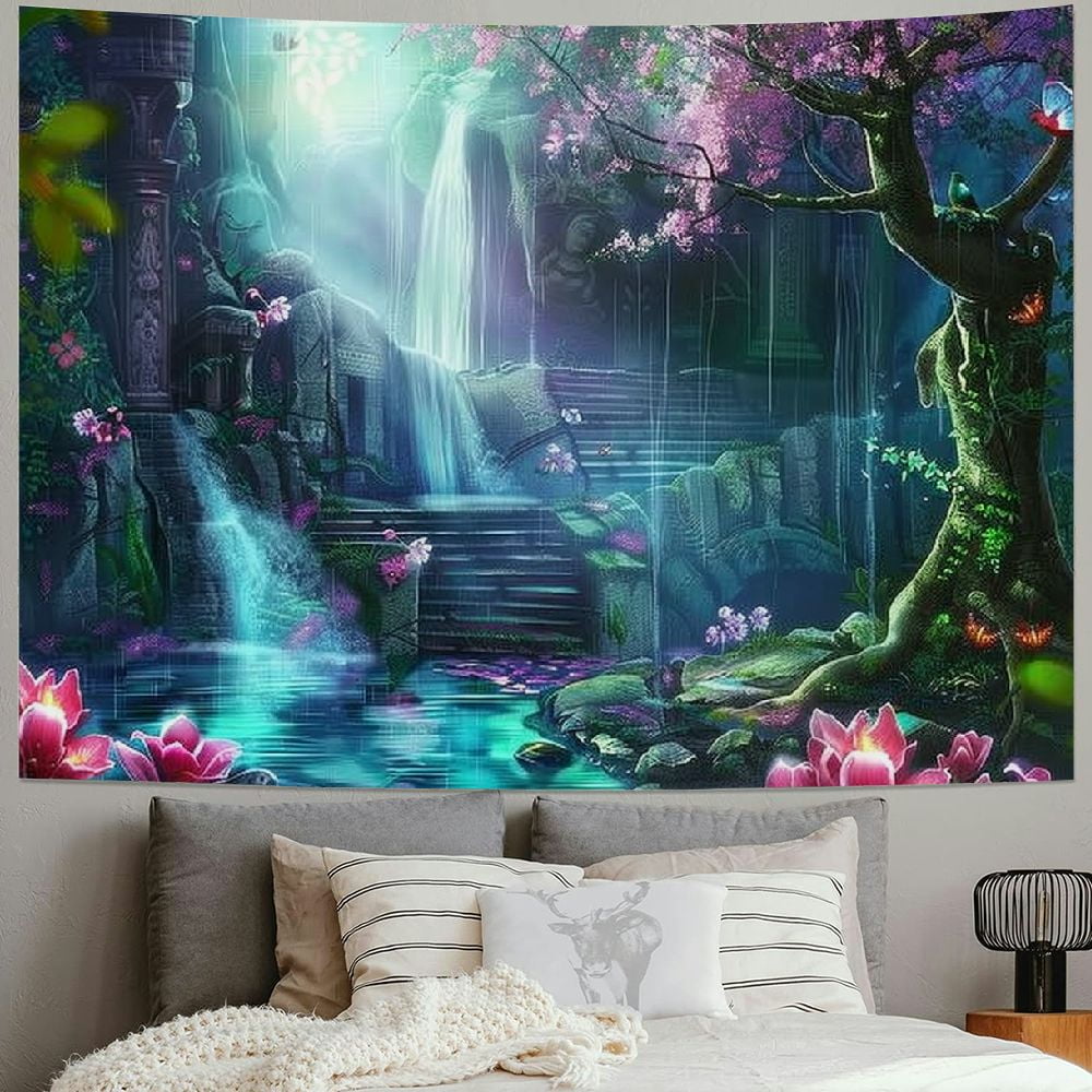 BCIIG Enchanted Forest Tapestry Magic Trees Waterfall Flower Mushroom Fantasy World Tapestries Fairy Tale Wall Blankets Flannel Aesthetic Decoration for Living Room Bedroom Walmart