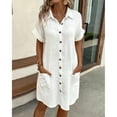 thumbnail image 2 of Vintage Women Solid Mini Dress Summer Fashion V-neck Three Quater Sleeve Cotton Linen Dress Ladies Casual Holiday Vestidos, 2 of 9