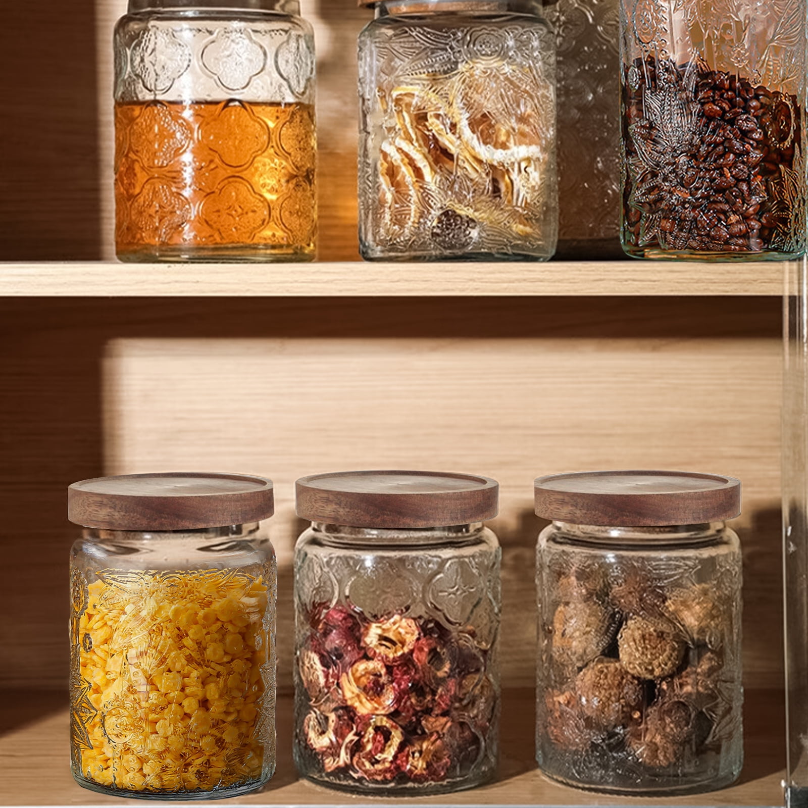 FORHVIPS 24 OZ/2 PCS Glass Food Storage Containers with Airtight Bamboo Wooden Lids,Canning Jars Wide Mouth Mason Jars Canisters Sets for Kitchen Counter,Sugar,Flour,Candy,Tea,Coffee,Oats