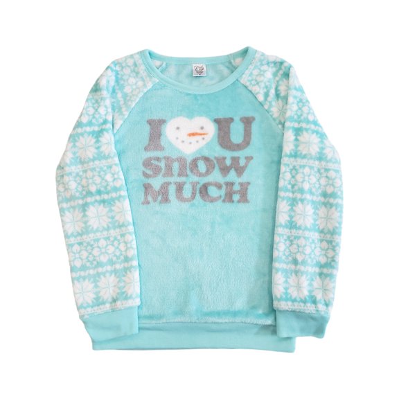 Girls I Heart You Snow Much Aqua Blue Plush Christmas Holiday Xmas Sweater M