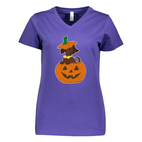 Inktastic Halloween Dachshund in Pumpkin Women's V-Neck T-Shirt