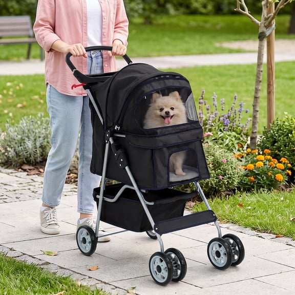 XF XINFENG Pet Stroller, 4 Wheel Foldable Dog Cat Stroller for Small Medium Dogs & Cats, 33 lbs Capacity Jogger Stroller with Cup Holder & Storage Basket, Black