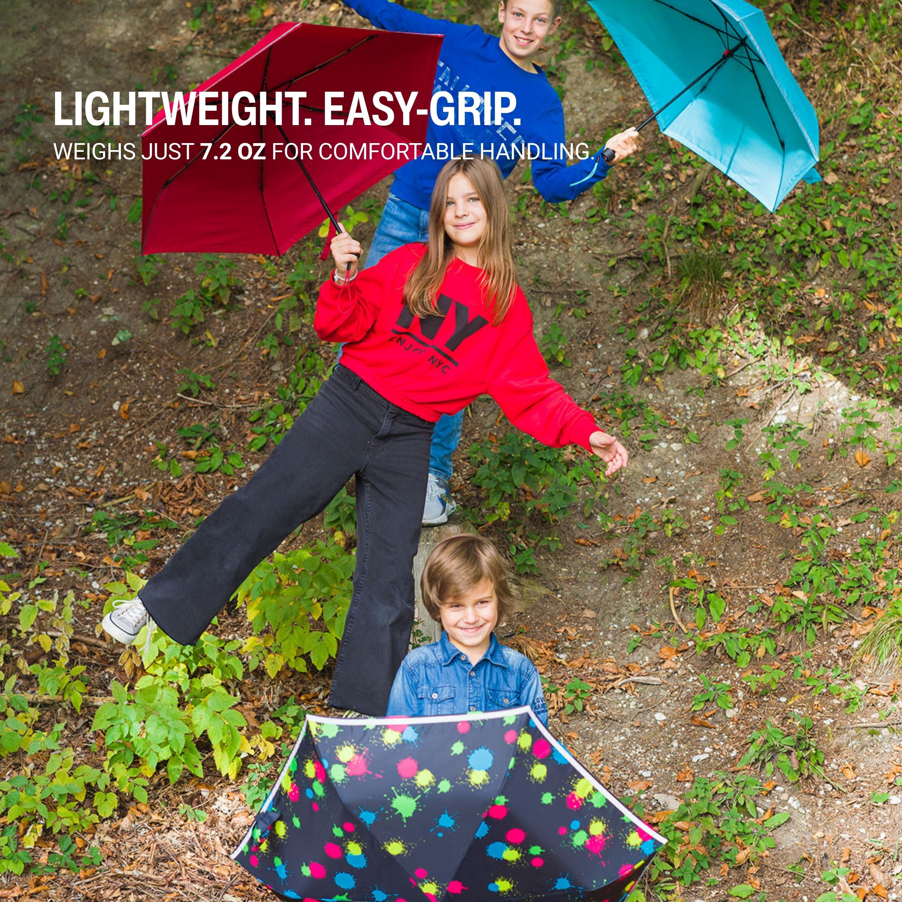 Knirps Bubble Bust Rookie Manual Rain Umbrella for Elementary and Middle School Kids – 35.4" Canopy with Reflective Safety Stripe, Lightweight Design, Wind Tunnel Tested, Carrying Case Included