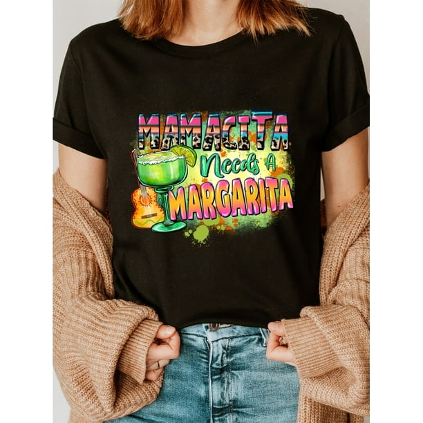 1pc Mamacita Needs a Margarita Letter Print T-Shirt, Casual Blend, Short Sleeve Crew Neck, Knitted Fashion Top for Women, All Seasons