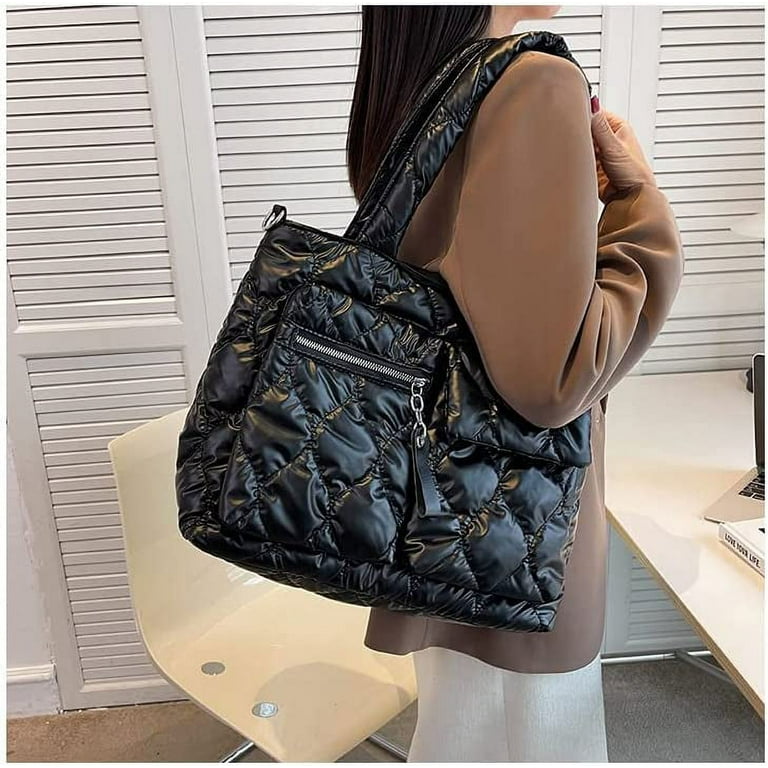 CHANEL Dark Gray Quilted Puffy Leather Shoulder Bag Tote