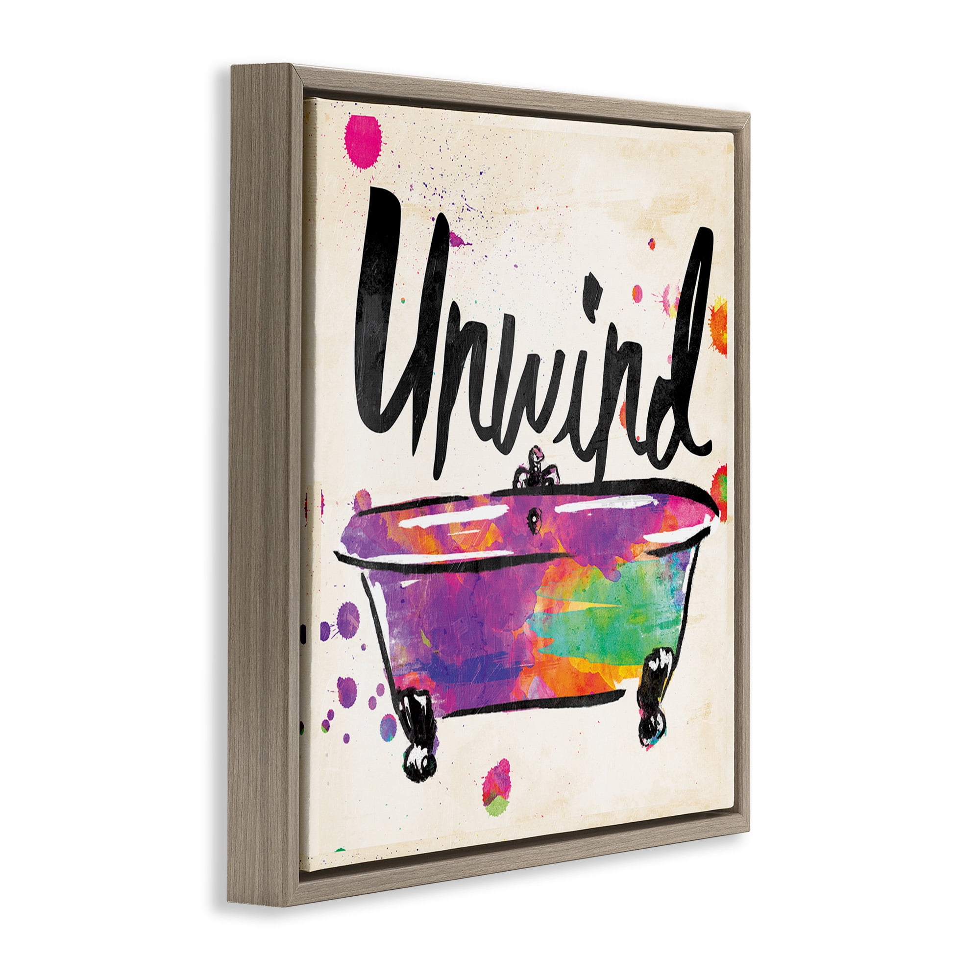 Stupell Industries Unwind Rainbow Colors Icon Bath Typography Painting Brown Floater Framed Canvas Art Print Wall Art, 25 x 25