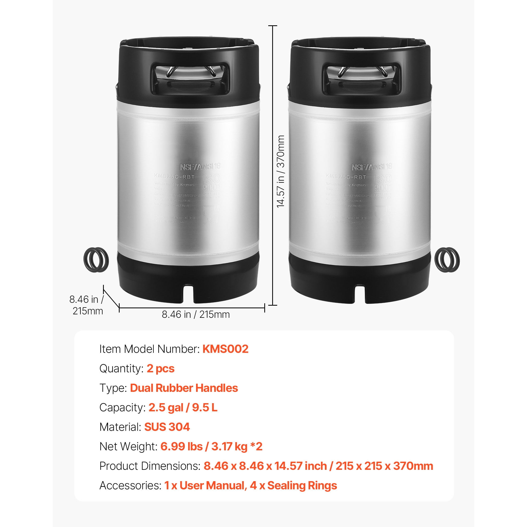 KFFKFF 2.5 Gallon Ball Lock Keg, Stainless Steel Cold Brew Kegs with Dual Rubber Handles & Durable Rubber Base, Brewing Equipment for Home Brewing and Parties, Set of 2