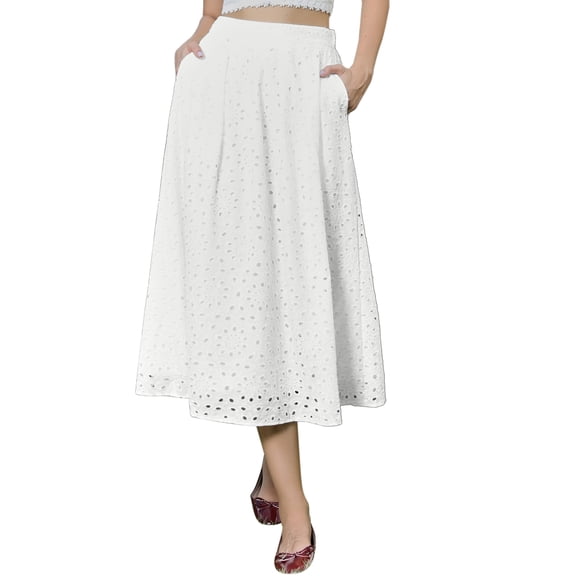 DARING DIVA Women's A Line Flowy Eyelet Midi Skirts X-Small White