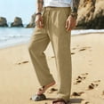 thumbnail image 7 of JUUYY Men's Cotton Linen Pants Drawstring Waist Casual Summer Trousers Lightweight Breathable Straight Leg Vocation Beach Pants Khaki XXL, 7 of 7