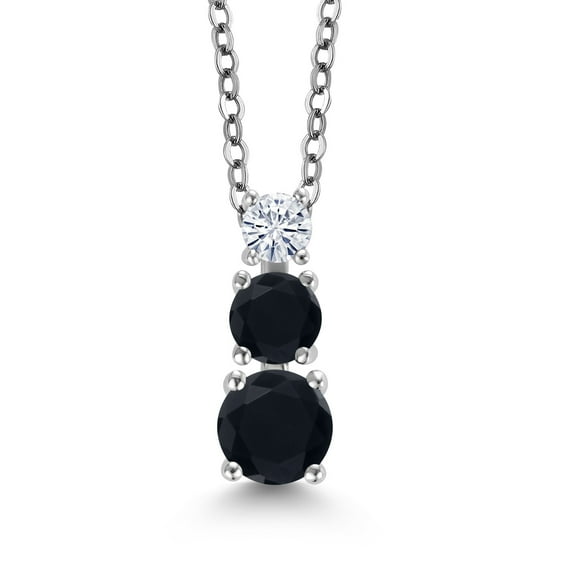 Gem Stone King Black Onyx and White Moissanite 3 Stone Pendant Necklace for Women (0.80 Cttw, Gemstone Birthstone, Round 5Mm, 4Mm and 3Mm, With 18 inch Chain)