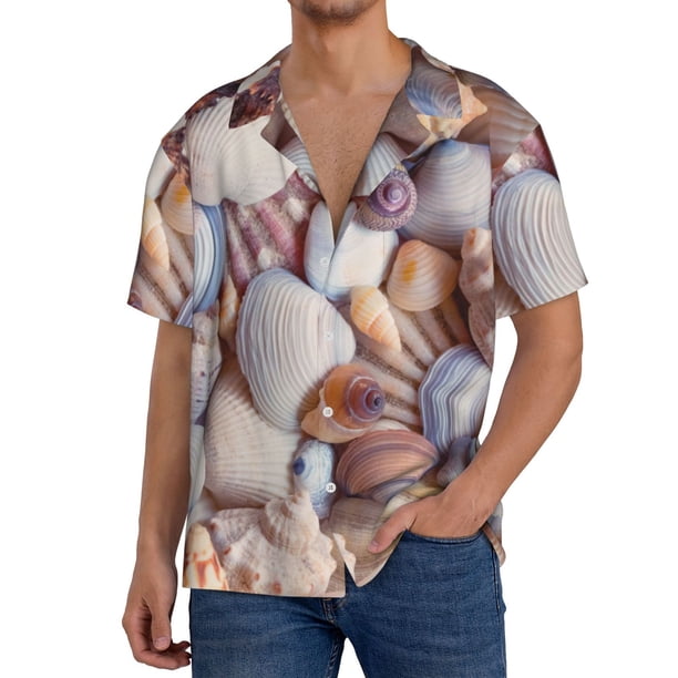 Balery Sea Shells Camisa Casual de Manga Corta con Botones para Hombre, Texturizada, Estilo Cubano, para Playa, Verano-X-Large