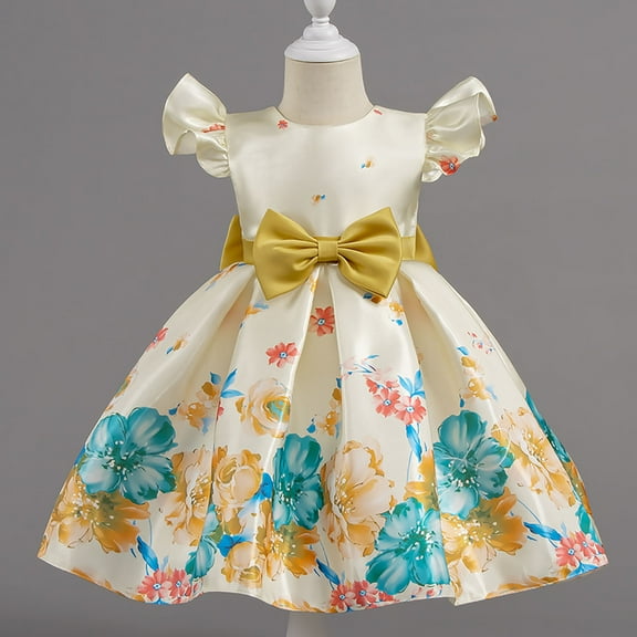 NAISIBABY Girls Flower Dress (1-9T), Back Zipper Cute Bowknot Ruffles Sleeve Party Birthday Pageant Princess Dress Yellow 8T