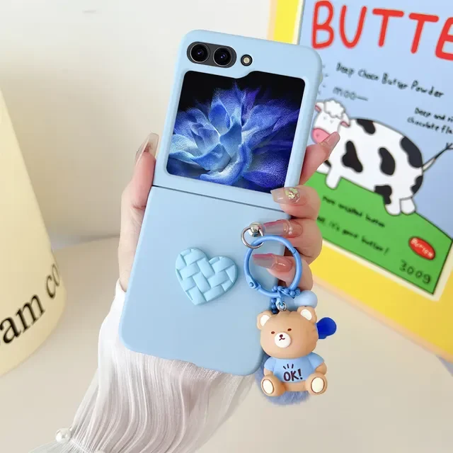 Korean Cute Cartoon Heart Hairball Rabbit Puppy Kitten Pendant Phone Case for Samsung Z Flip 5 Flip4 Flip3 Solid Color Cover LXY