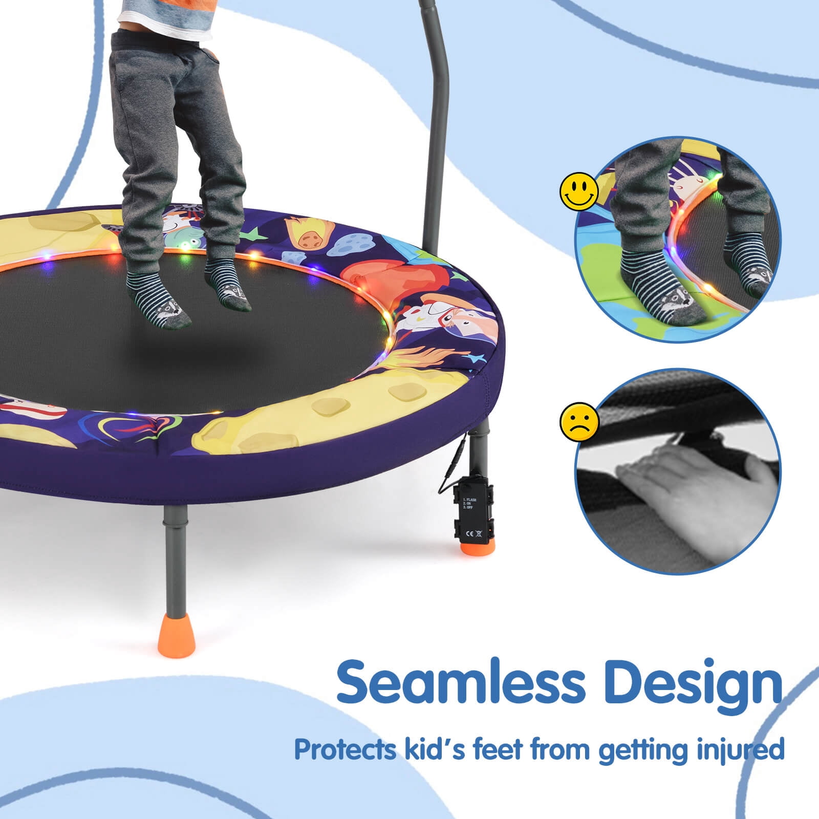 Infans 36" Foldable Kid Trampoline w/ 20 LED Lights Foam Handlebar Padded Safety Cover