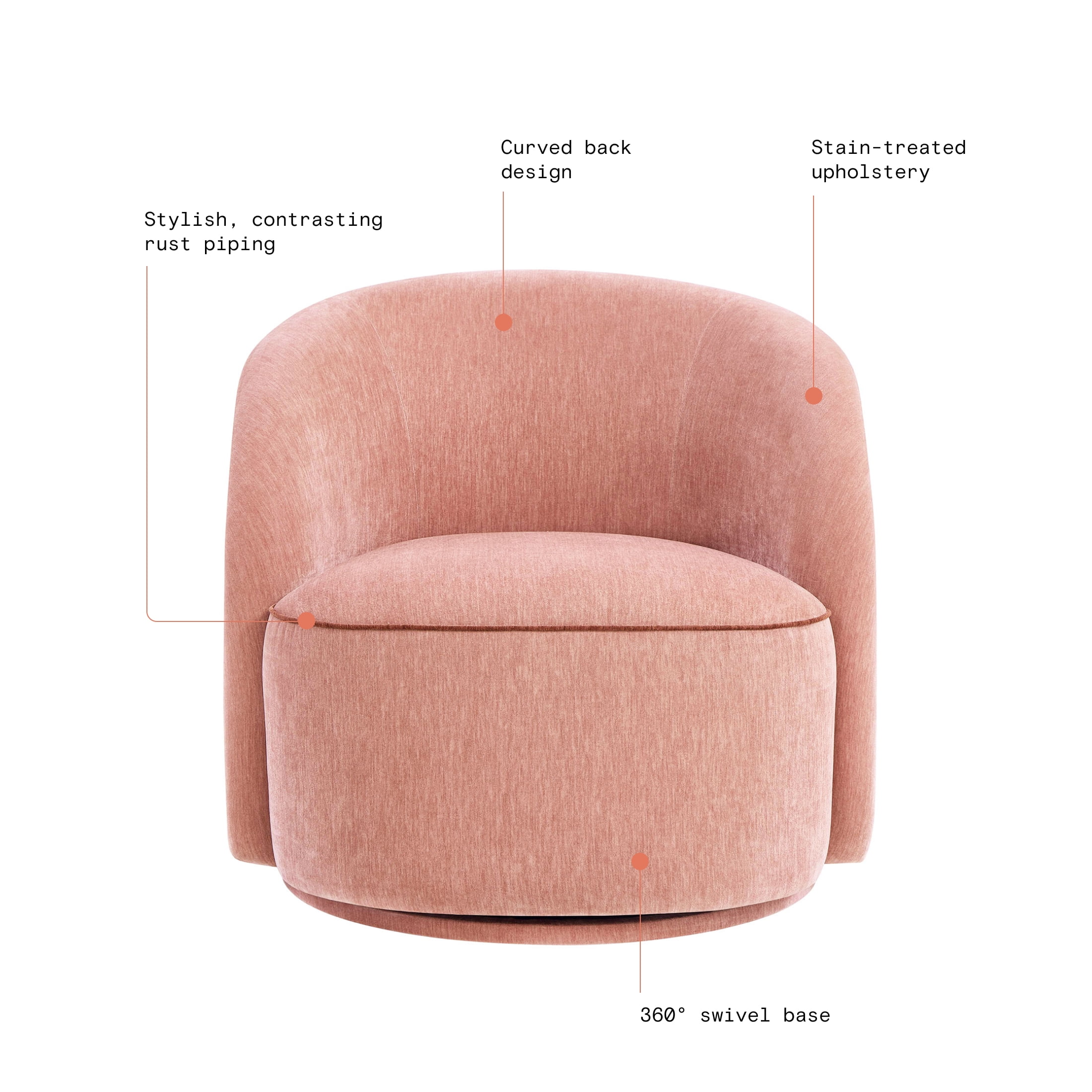 Beautiful Georgiana Swivel Chair by Drew Barrymore, Rose Pink with Faux Leather Rust Piping