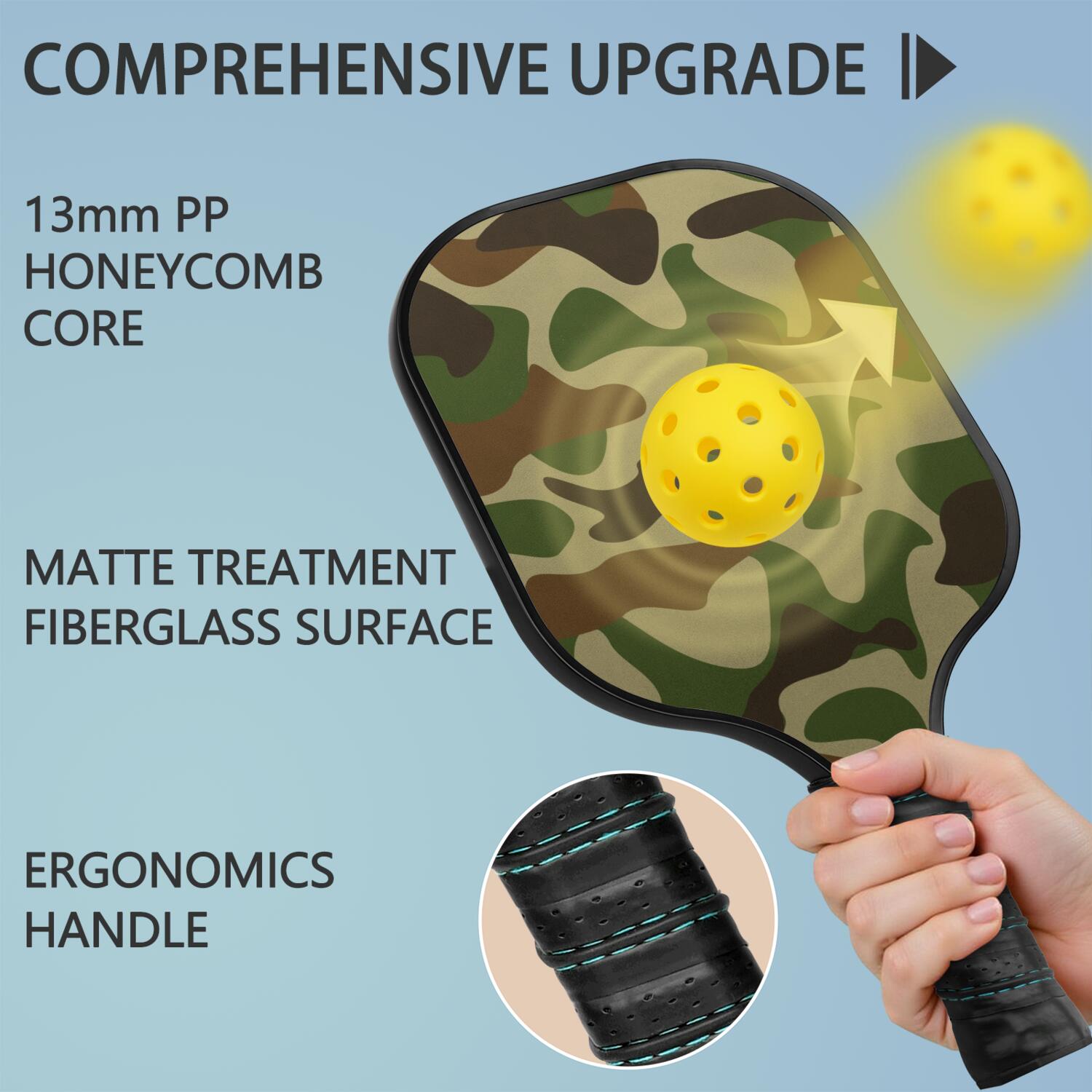 Pickleball Paddles Set Of 2, Fiberglass Surface, Camouflage Print, 4 Balls & Bag