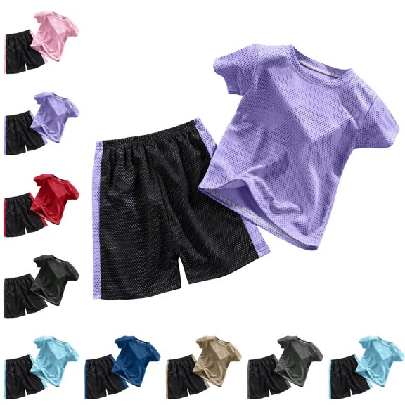 ITSAME Boys Athletic Outfits Mesh Breathable Crewneck T-Shirt & Shorts 2-Piece Kids Running Sport Set Purple Size 11