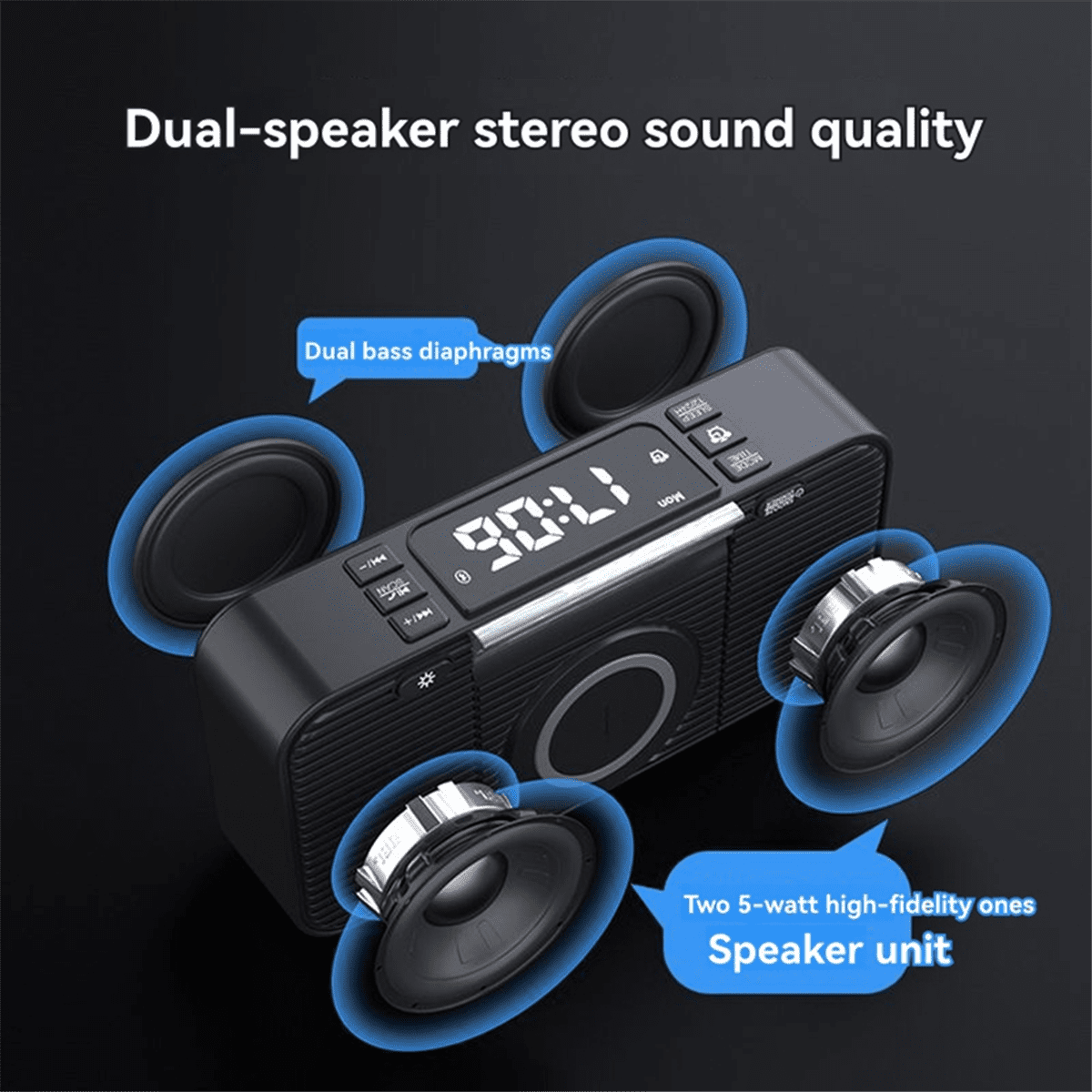 Wireless Charging Station with Bluetooth Speaker, Alarm Clock, FM Radio, Night Light, Phone Holder, Adjustable Display