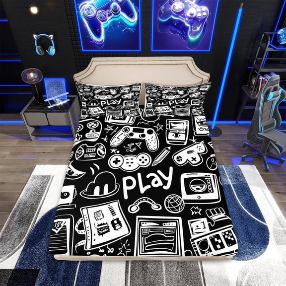 Boys Gamer Bed Sheets Set Twin,Gaming Sheet Set For Kids,Gamepad Video Games Controller Sheets Black White Sketch Flat Fitted Sheet