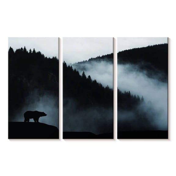 Elephant Stock Foggy Mountain Bear Wall Art - Horizontal Multi Panel Canvas - Living Room Wall Decor - Nature Multi Panel - Black And White Decor - 23" x 14"