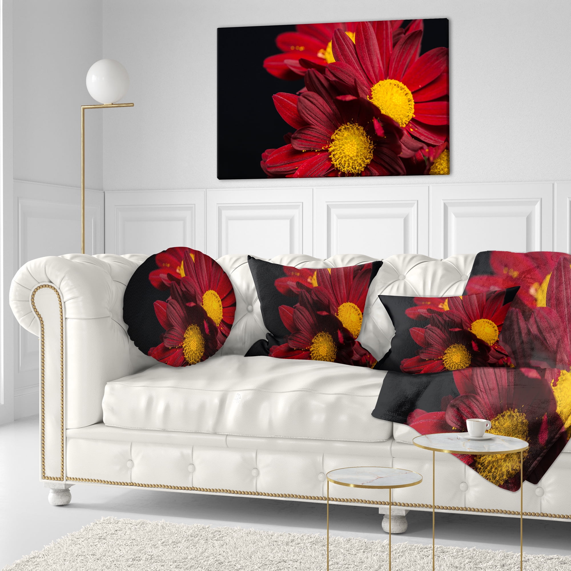 Designart Red Velvet Chrysanthemum Flowers - Floral Throw Pillow - 12x20