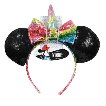 Disney Minnie Mouse Ears Sequin Unicorn Headband with Glitter Rainbow Bow On a Card, Novelty Items for Costume, Props, Party Favors, Birthday Toddler, Kids, Girls, Women Hair Dress-Up Toys Accessories