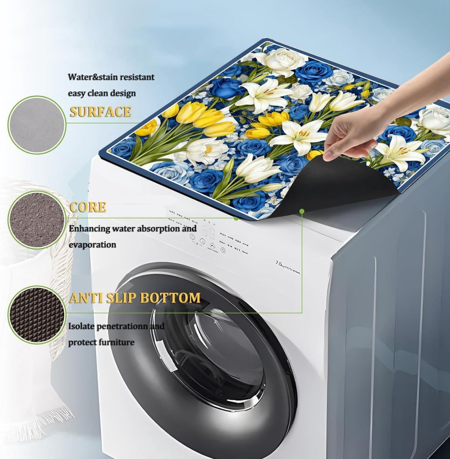 Flowers Washer Dryer Top Cover Mat Dust Cover Pad for Washer Dryer,Creative Anti-slip Washing Machine Top Protector Mat for Laundry Room (Laser Gilding, 23.6" x 19.7")