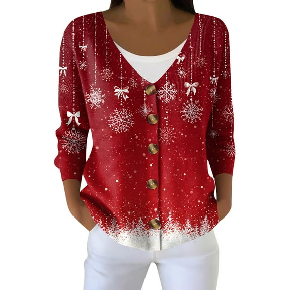 Women's Fashion Long Sleeve Christmas Snowman Snowflake Print Jacket Cardigan for Holiday Party and Casual Daily Wear,Watermelon Red,M