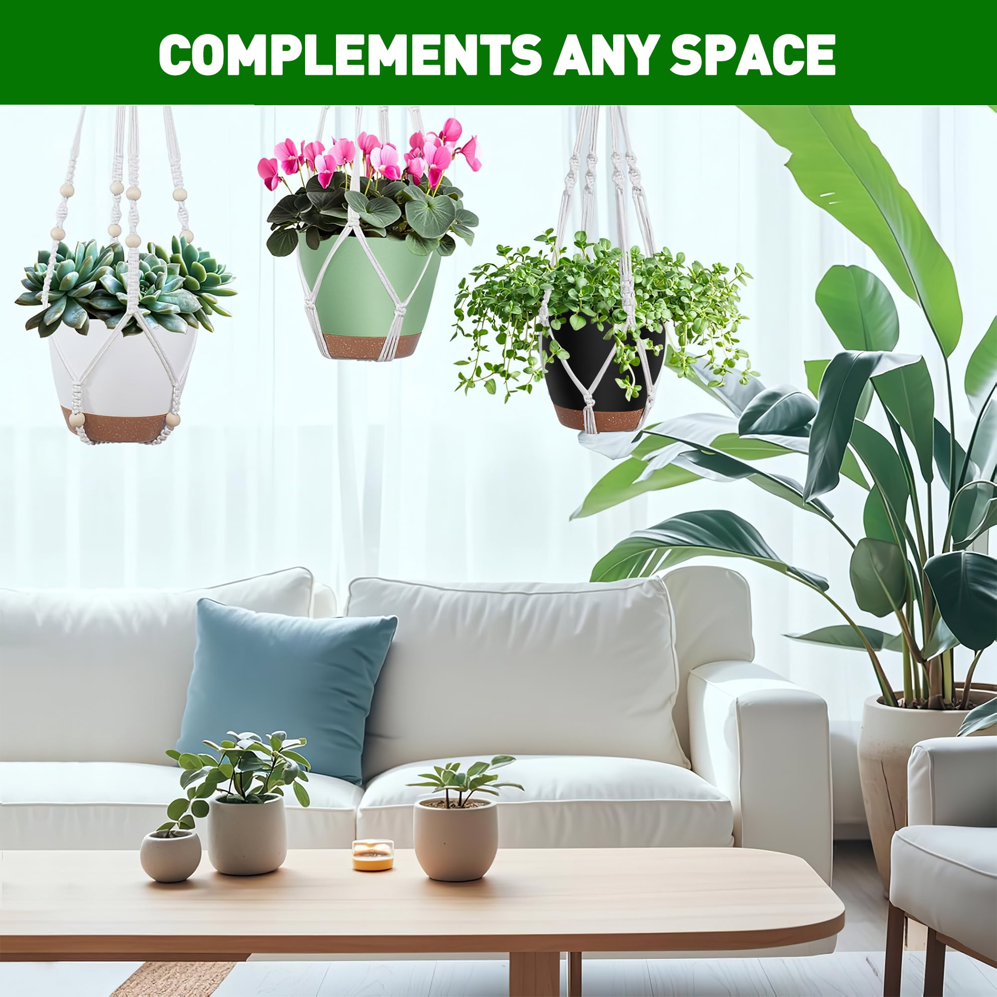 3-Pack Self Watering Hanging Plant Pots with Macrame Hangers, Plastic Planters with Drainage Holes and Saucers, Indoor Outdoor Flower Pots, Includes 3 Ceiling Hooks, 7"/6"/5.5" (Multicolor)