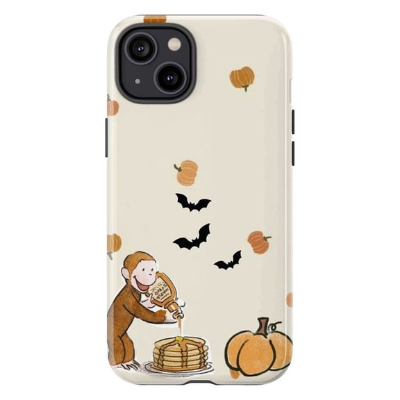 Curious Monkey Halloween Phone Case, Cute Pancakes Pumpkin Bats Cartoon Pattern Phone Cover for iPhone 17 16 15 14 13 12 11 Pro Plus Mini
