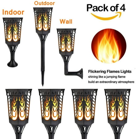 Outdoor Tiki Bar Lights (Pack of 4) 2018 Upgrade Solar Tiki Torch Light Flame Garden Lights,96 LED Waterproof Dusk to Dawn Auto On/Off Flickering Flames Torches Lights Landscape Lighting Outdoor Path Light ()