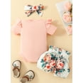 thumbnail image 4 of Baby Girl Summer Set Letter Print Short Sleeve Romper with Floral Pattern Ruffled Belted Shorts and Headband, 4 of 8