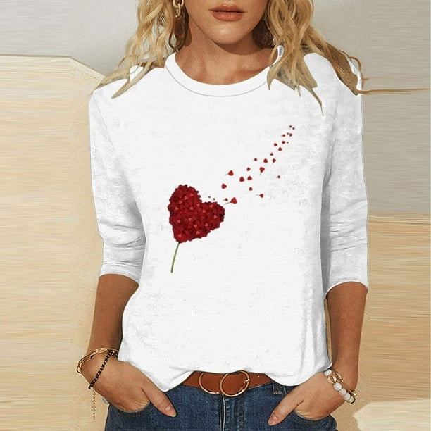 TaTaai Fashion Women's Round Neck 3/4 Sleeve Top, Heart Printed Loose Blouse, Soft Lightweight Fabric for Daily Home Casual Occasions Gift