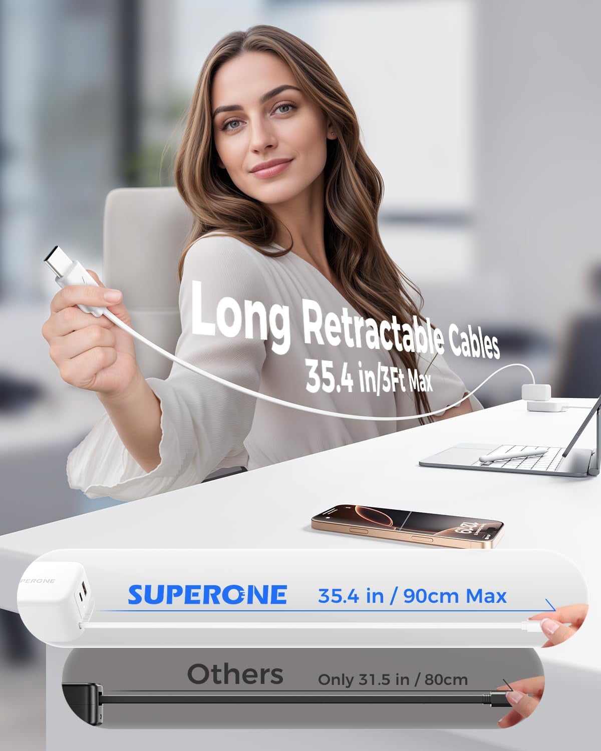 Retractable iPhone Charger, 4-Port USB C Charger Block, iPhone Chargers Fast Charging with USB C & Apple Cable, Wall Chargers for iPhones 17/16/15/14/13/12/11 Series, Pad, Samsung, Pixel