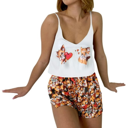 

Pajamas For Women Print V Neck Pajamas Summer Thin Suspenders Open Navel Short Vest Shorts Set